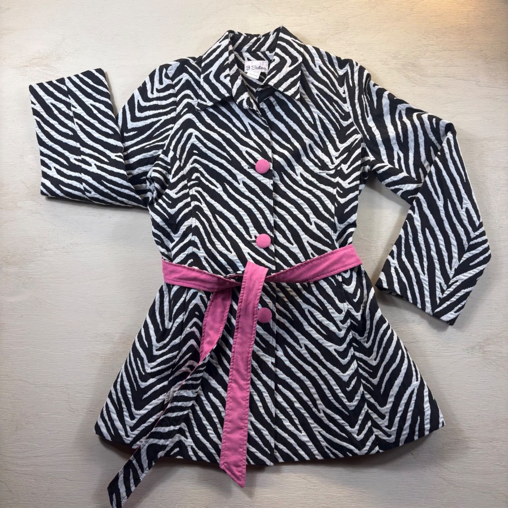 3 Sisters Zebra Print Trench Coat Large Jacket Maximalist Y2K Retro Chic Pink